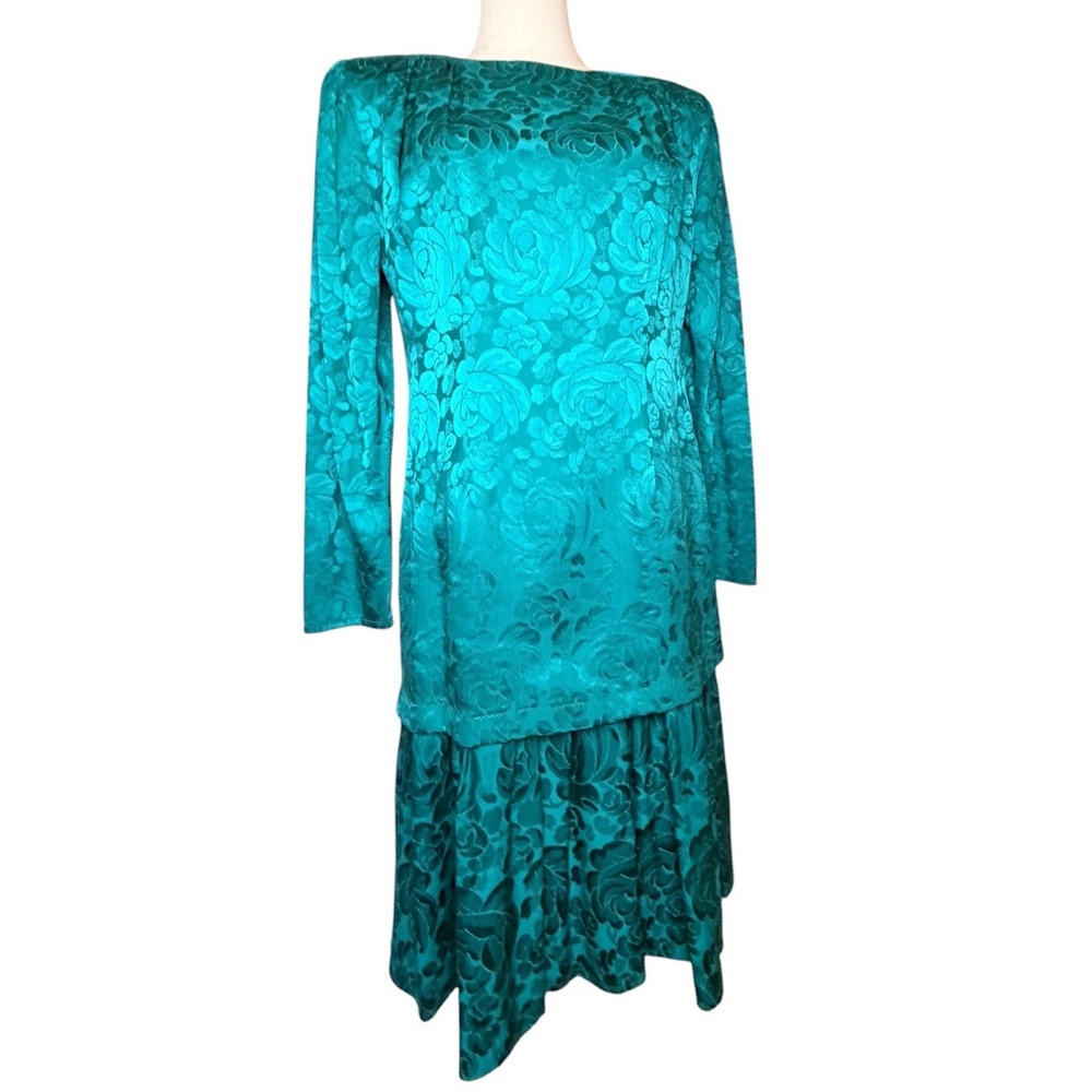 Vintage Argenti Fashions Pure Silk Drop Waist Floral Dress Teal Size 6
